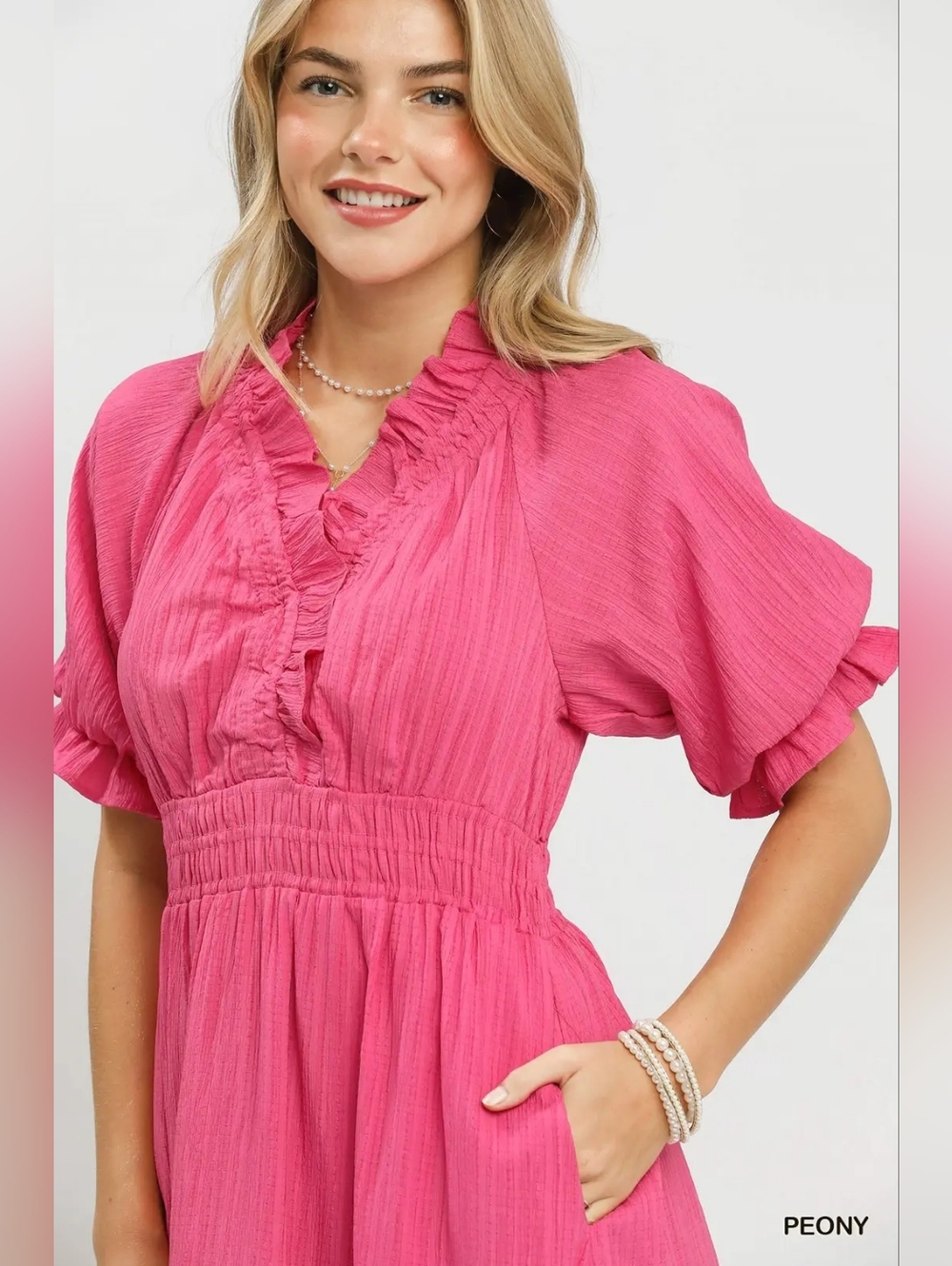Women's Umgee V-Neck Pink Ruffled Midi Dress - Picture 5 of 7